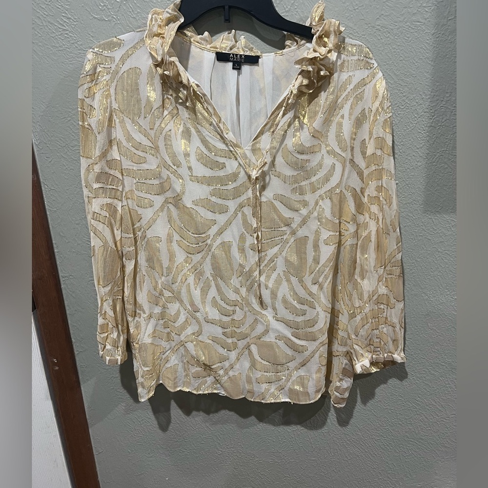 Alex Marie Gold and Cream Blouse Beautiful Collar Size L EUC